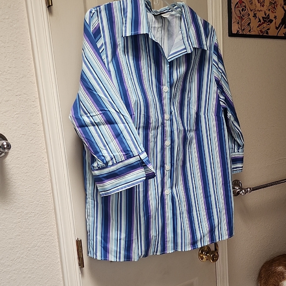 Chic Striped Button Down Shirt - Blue and Purple